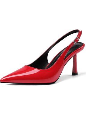 Women's Red Slingback Pointed Toe Kitten Stiletto Heel with Buckle Comfortable